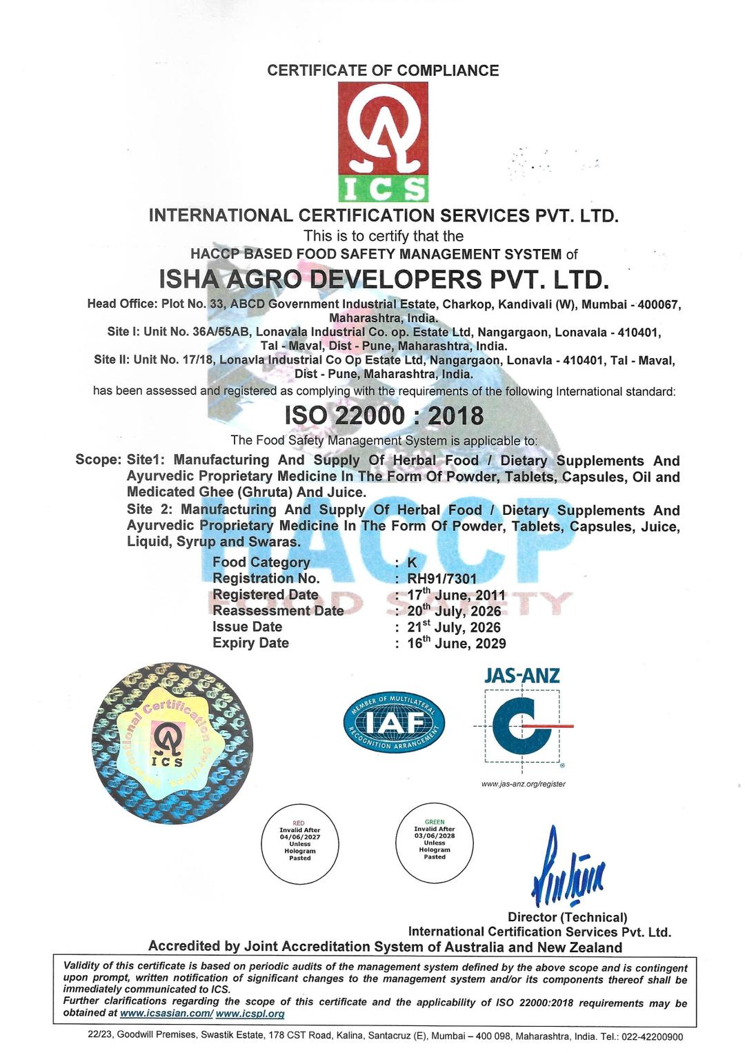 Certificate of Compliance issued by ISO